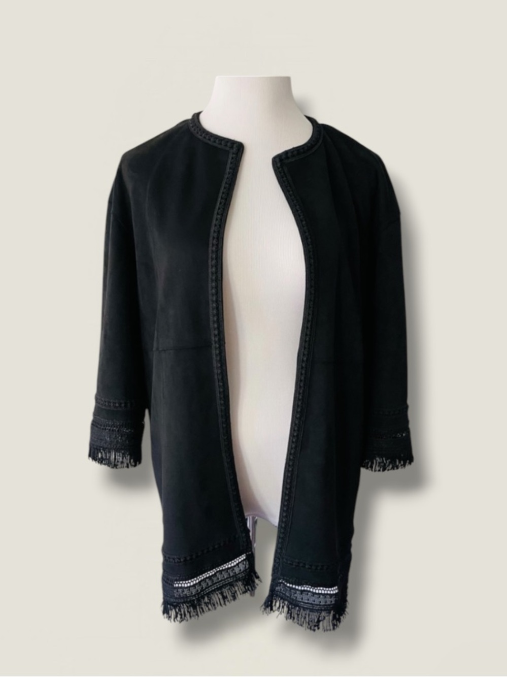 New! ZARA Black Faux Suede Fringe Jacket Size XS